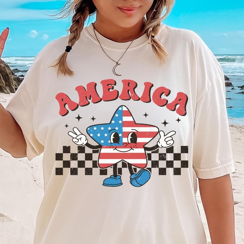 RETRO 4TH OF JULY SHIRT, RETRO AMERICA STAR SHIRT, TRENDY 4TH OF JULY SHIRT,JULY 4TH SHIRT UNISEX COTTON SHIRT, OVERSIZED HOLIDAY SUMMER SHIRT Comfort Top Womenswear Fabric Underwear Lady
