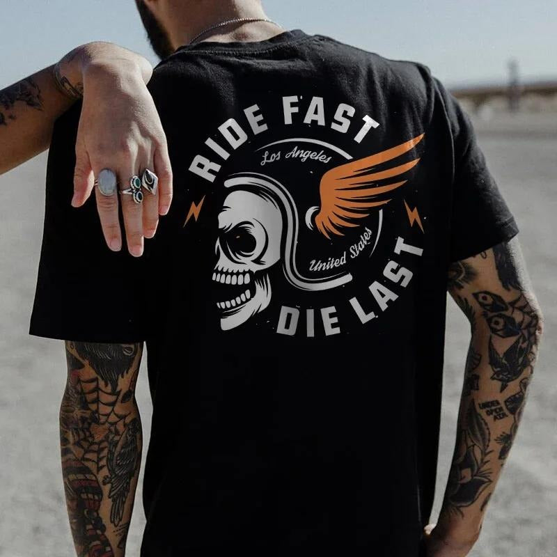 RIDE FAST DIE LAST Crazy Skull with a wings helmet Back Side Print T-shirt - Sweatshirt