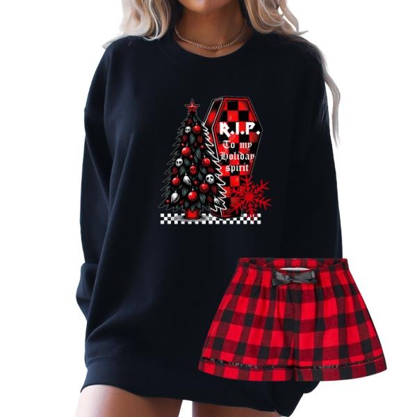 RIP to Holiday Spirit Skull Grunge Red Plaid Pajama Set, Long Pants or Shorts & Sweatshirt or TShirt, Made to Order, Unisex Goth Loungewear, Nightwear Casual Cotton