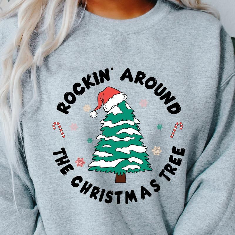 ROCKING AROUND THE TREE CIRCLE LOGO CREWNECK (Crewneck Sweatshirt, Unisex Fit, Causal Sweatshirt for Christmas, Christmas Holiday Sweatshirt) Womenswear Hoodie Oversized Cotton Sweaters