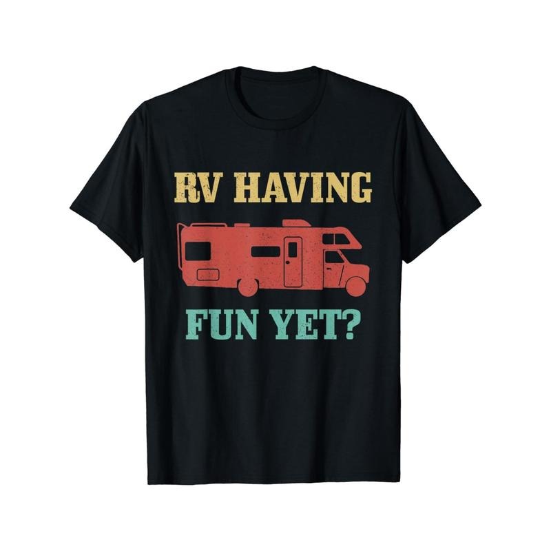 RV Happy Fun Road Trip Camping Printed Cotton T-Shirt, Men's Casual Fashion T-Shirt, Summer Street Style Short Sleeve Crew Neck Shirt, Comfortable Wear Choice for Thanksgiving, Halloween, Christmas Made in USA