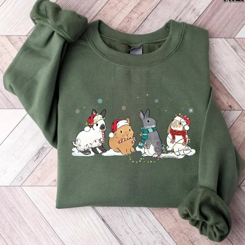 Rabbit Christmas Sweatshirt, Bunnies Christmas Sweater, Holiday Sweatshirt, Rabbit mama Gift, Xmas Gift, Cute Christmas t-shirt For Women Cotton Crewneck