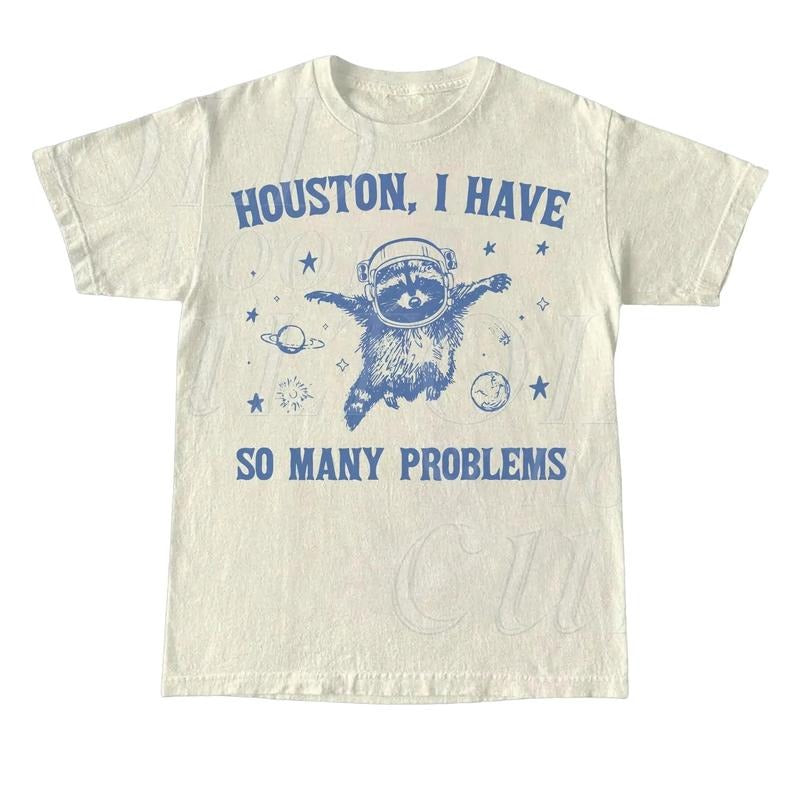 Raccoon In Space Retro 90s Graphic T-Shirt, Funny Galaxy Graphic T-shirt, Problems Gag Moon 90s Shirt, Vintage Animal Gag Unisex Tee