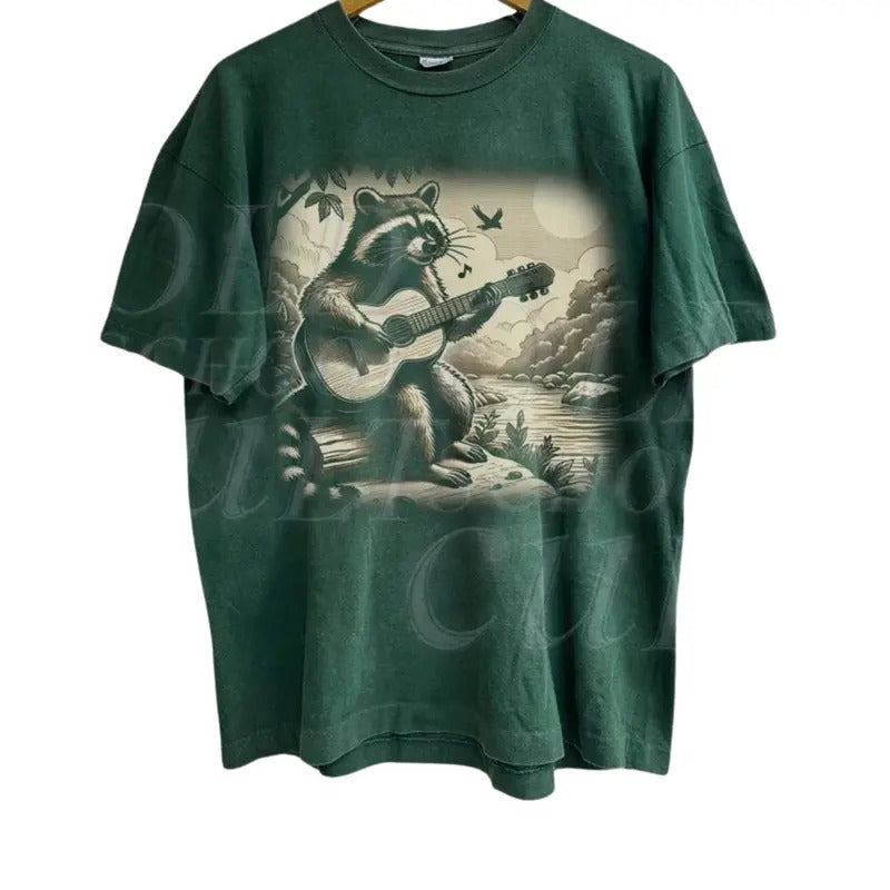 Raccoon Playing Guitar Vintage 90s Graphic Shirt, Raccoon Guitar Lovers Tee, Wild Free, Trash Panda Musician Washed Oversize Tee, Music Gift