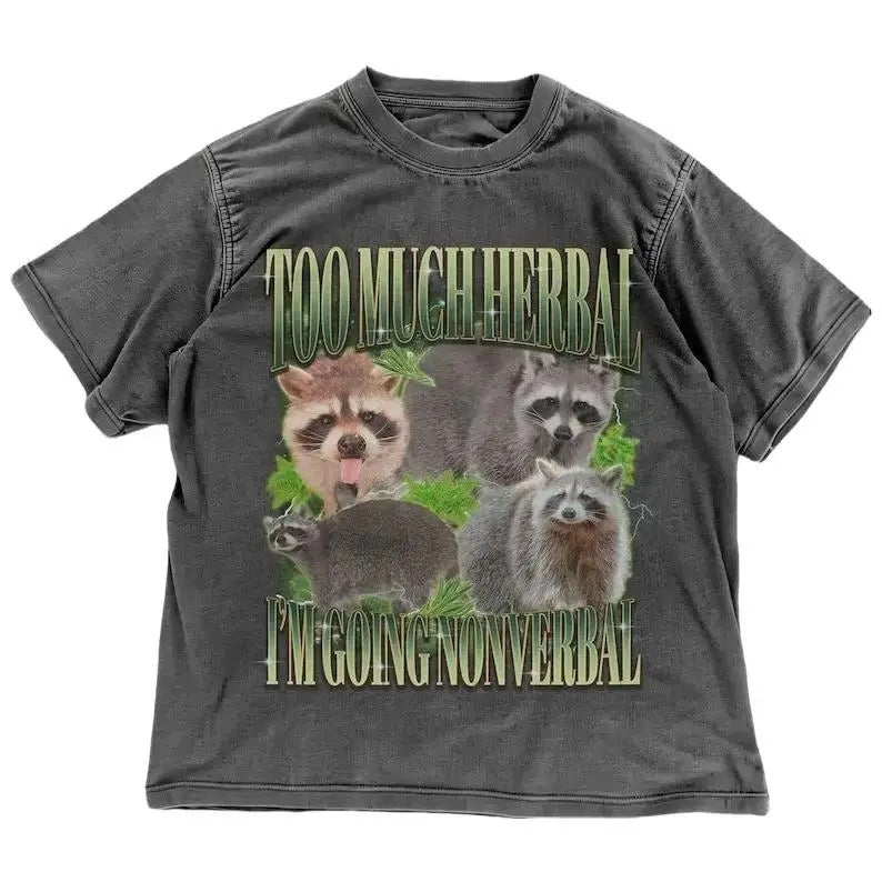 Raccoon Stoner 420 T-Shirt | Too Much Herbal I'm Going Nonverbal | Marijuana Meme Vintage Tee | Funny Weed Graphic T-Shirt | Stoner Gifts 100% Cotton