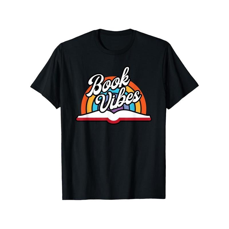 Rainbow Book Vibes - Retro Book Lover's Cotton T-Shirt | Perfect Gift for Readers, Men & Women | Casual Round Neck Tee with Short Sleeves | Machine Washable | Black Made in USA