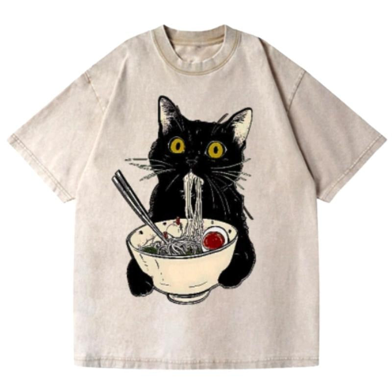 Ramen Cat Vintage Wash Japanese Design T-Shirt Womenswear Top Comfort Streetwear Summer