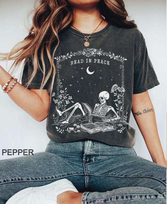 Read in Peace t-shirt, Skeleton Book Shirt, Skeleton Reading t-shirt, Book Lover Halloween, iprintasty Halloween, Bookish Halloween shirtstyle{n002}2