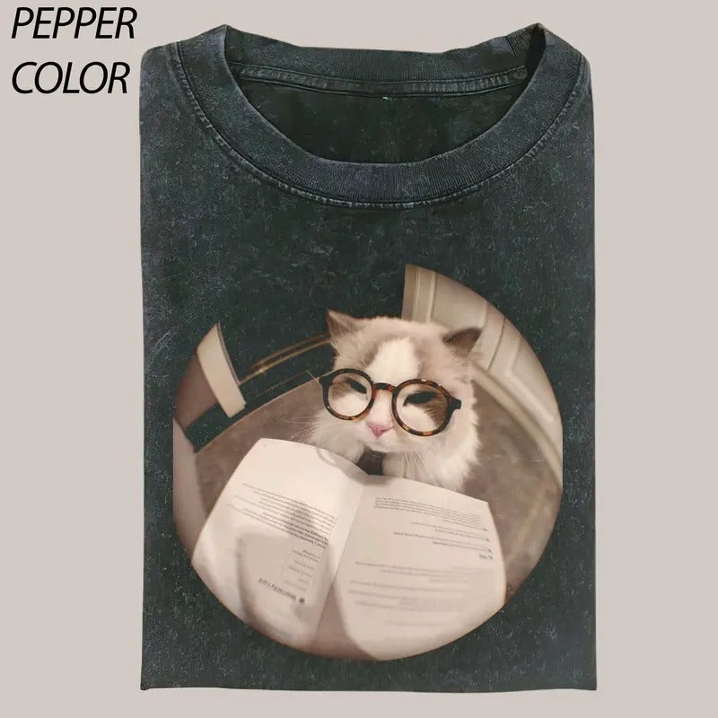 Reading Cat Kitty T-Shirt, Cat Cute Shirt, Cat Love Vintage Graphic Tee, Funny Cat Shirt, Women's T-shirts Streetwear Top Cotton