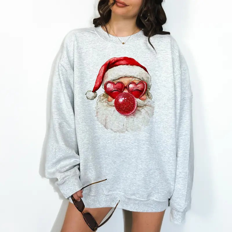 Red Bubblegum Santa - Unisex Crewneck Sweatshirt - Print is Sublimation, Christmas Crewneck, Gift Idea, Relaxed Fit, Casual Apparel