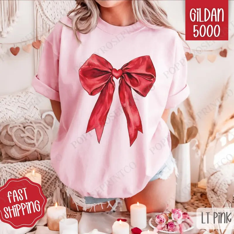 Red Heart Bow Shirt Gildan, Valentine's Day Women's Tee, Cute Women's Tshirt Plus Sizes