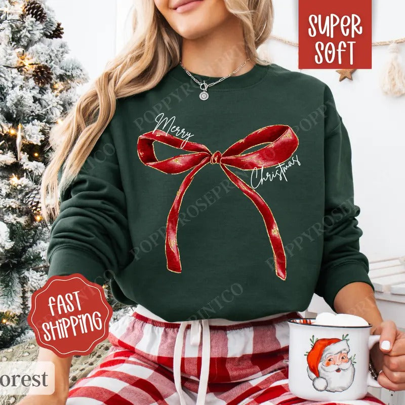 Red Merry Christmas Bow Sweatshirt, Coquette Merry Christmas Bow Crewneck, Women's Holiday Sweater