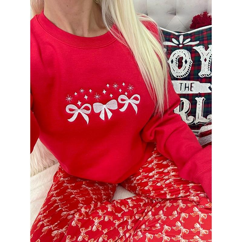 Red Sparkle Embroidered Bow Sweatshirt