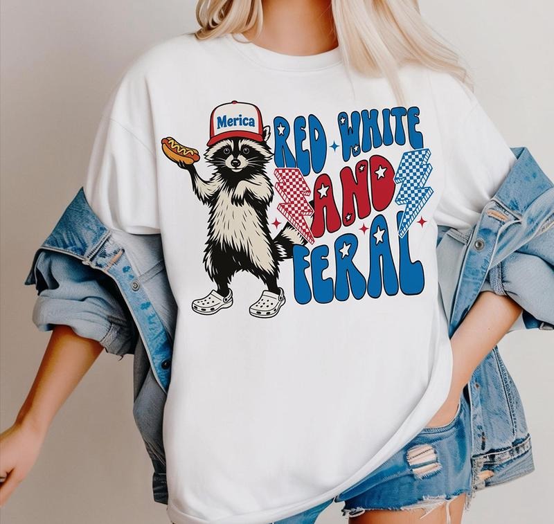 Red White And Feral Funny Raccoon Shirt 4th Of July T-Shirt Classic 90s Retro