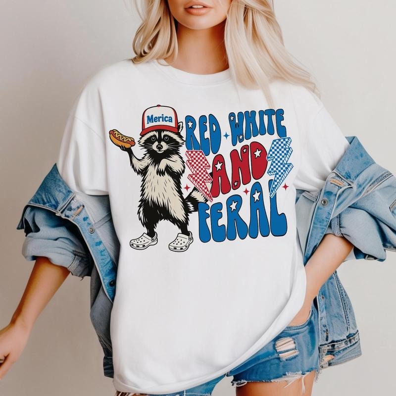 Red White And Feral Shirt, Funny Raccoon USA Shirt, 4th Of July Feral Hotdog Raccoon Shirt, Independence Day, Hotdog Merica Shirt