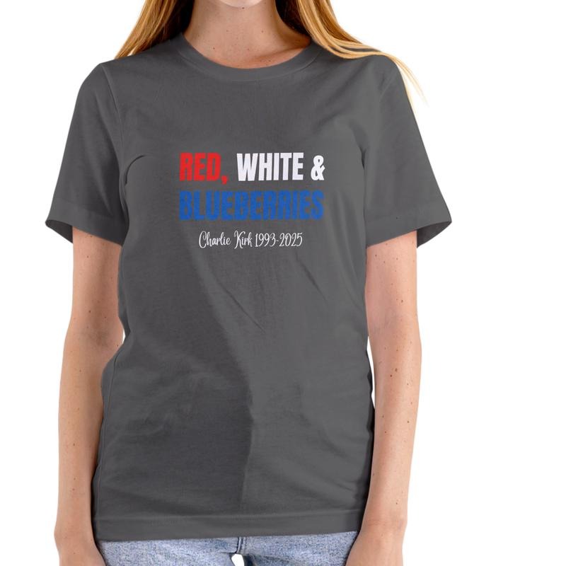 Red White and Blueberries Charlie Kirk 1993-2025 T Shirt Unisex Cotton Patriotic Design Medium Size