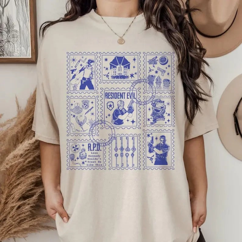 Resident Evil 4 Doodle Stamp Shirt | Vintage Chris Redfield Albert Wesker Leon Kennedy Shirt | Re4 Video Game Shirt, Cotton Crewneck Shortsleeve Casual