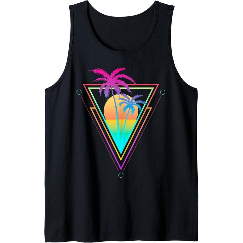 Retro 1980s 1990s Vaporwave Palm Trees Sunset Beach Surf Art Tank Top Made in USA