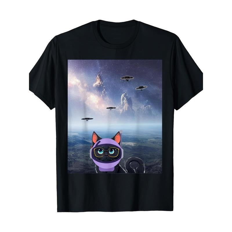 Retro Alien UFO Funny Cat T-shirt -100% cotton Made in USA