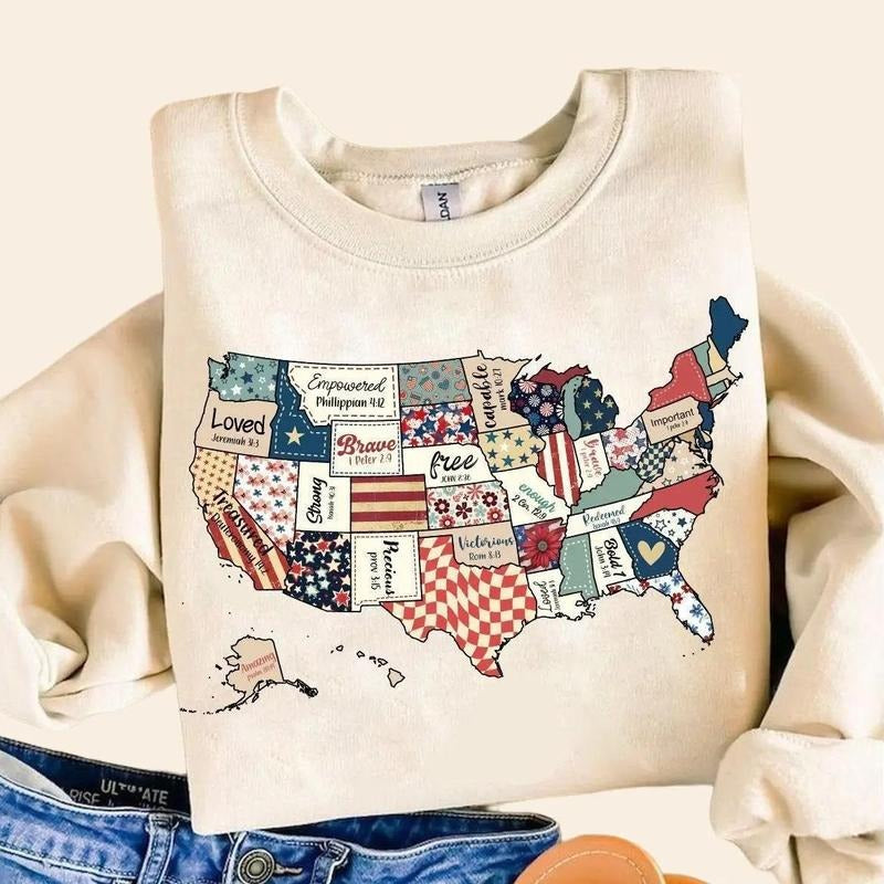 Retro America Map Sweatshirt 4th of July USA Patriotic Crewneck Bible Verse Vintage American Flag Shirt 100% Cotton