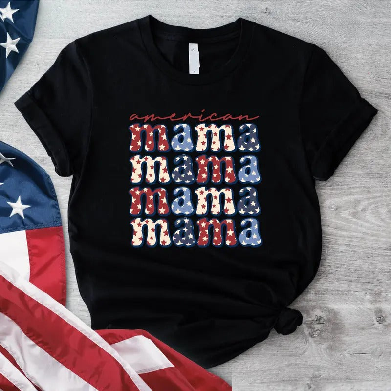 Retro American Mama Shirt, Mother Independence Day Tee, Freedom Short Sleeve, Patriotic Mom T-shirt, USA Memorial Day For Mommy, Women 4th Of July Gifts Shirt.