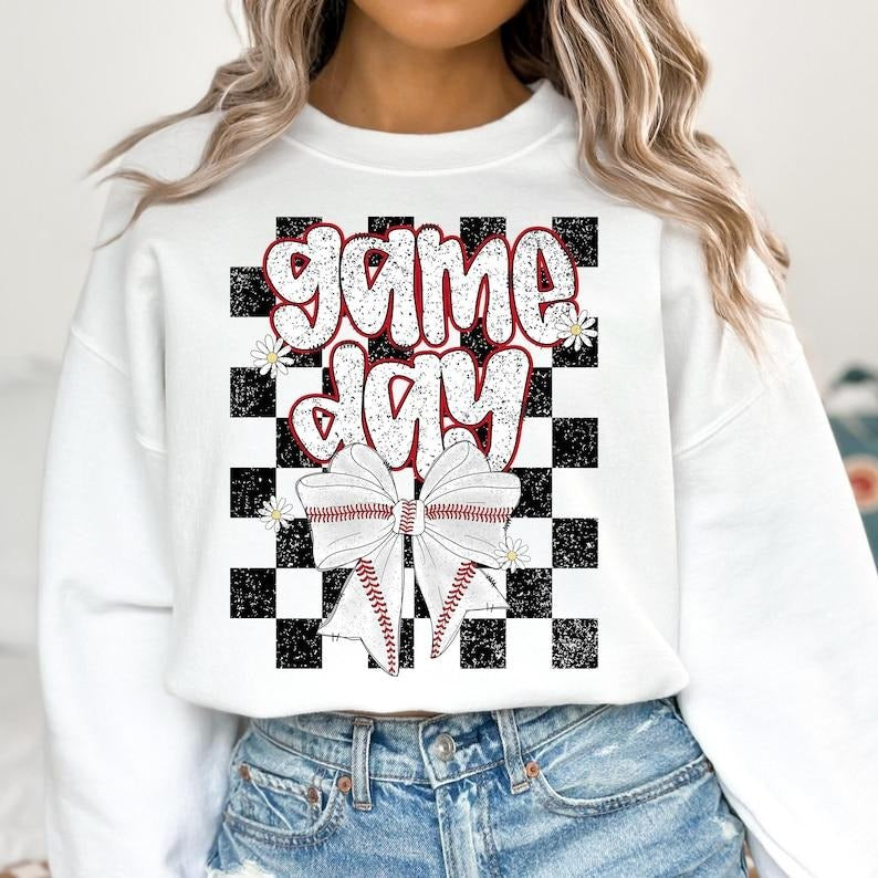 Retro Baseball Coquette , Game Day Baseball ,Baseball Mom , Checkered Bow Sweatshirt