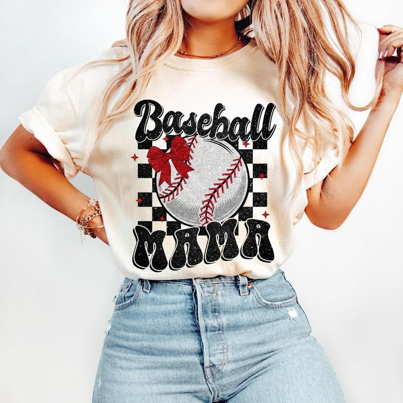 Retro Baseball Mama, Baseball Coquette, Game Day, Checkered Baseball Bow T-shirt