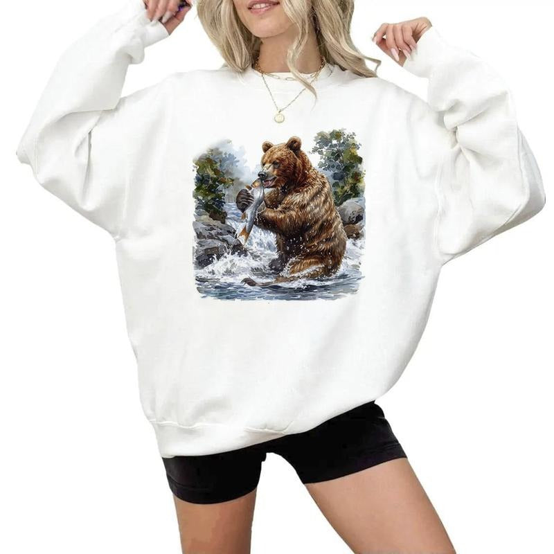 Retro Bear River Fishing Hunting Swimming Bear Hunting Season Forest Unisex Hoodie Sweatshirts Hunting Season and National Hunting Day 1 Cotton Womenswear
