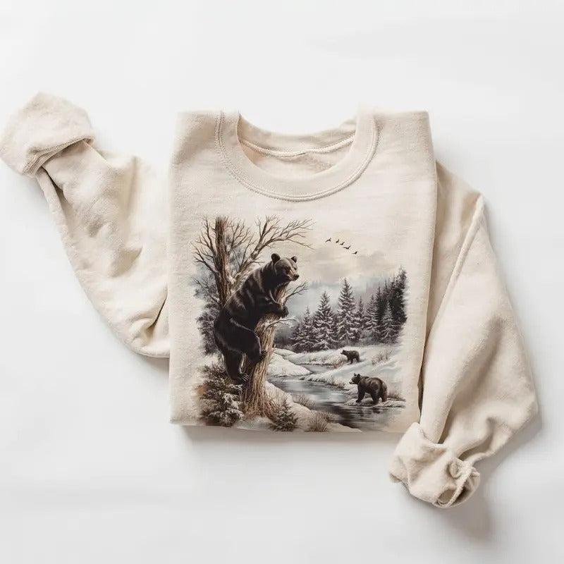 Retro Black Bears Winter River Scene Sweatshirt - Nineties 90s Vintage Bear Climbing Tree Cotton Cotton Pullover Menswear Day