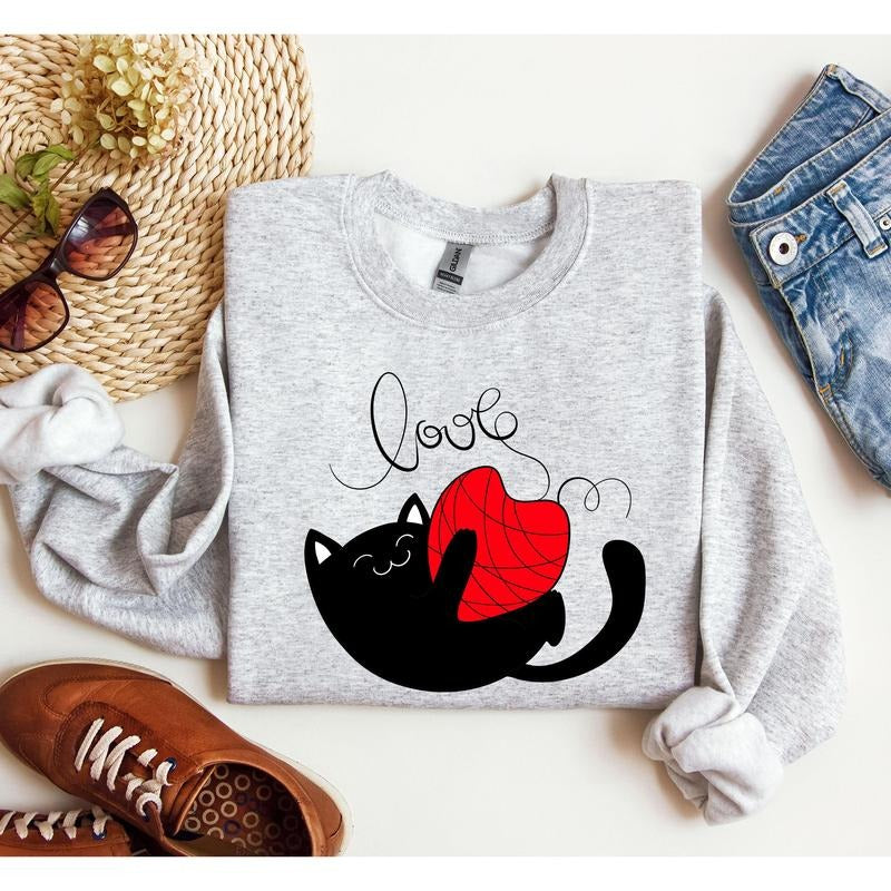 Retro Cat Love Funny Sweatshirt, Vintage Valentine's Day Sweatshirt, Crew Neck, Women's, Crewneck, Valentine's Day, Love, Heart, Cupid