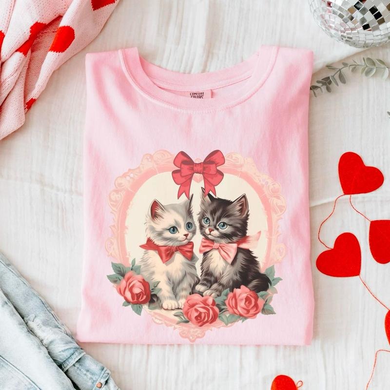 Retro Cat Valentines Day Shirt, Retro Valentine Sweatshirt, Gift for Cat Lovers, Vintage Kitten Shirt, Cute Valentines Day Shirt, Cats With Roses Tee
