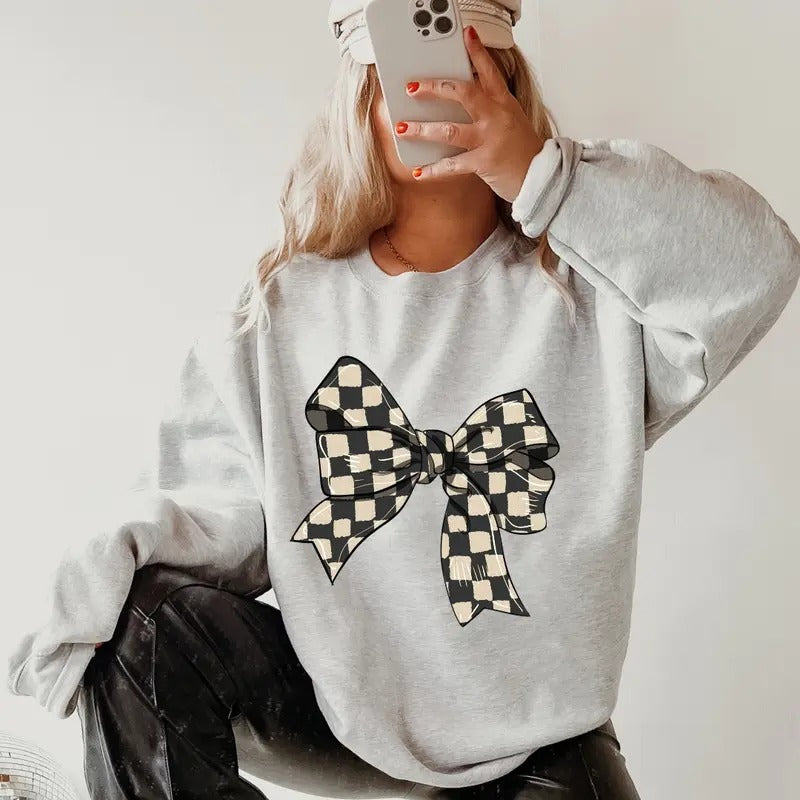 Retro Checkered Bow Sweatshirt ~ Unisex Apparel Relaxed Fit Printed in the USA Clothing Womenswear Casual and Comfortable