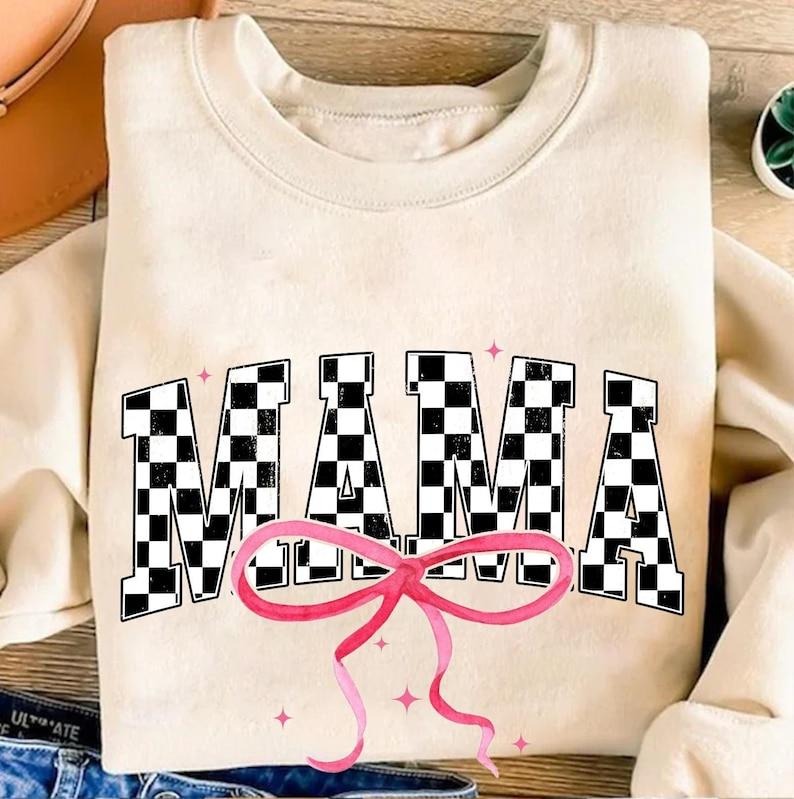 Retro Checkered Mama Coquette , Mama , Mama Varsity , Mothers Day , Gift for Mom, Mama Bow , Mama Shirt , Pink Bow...