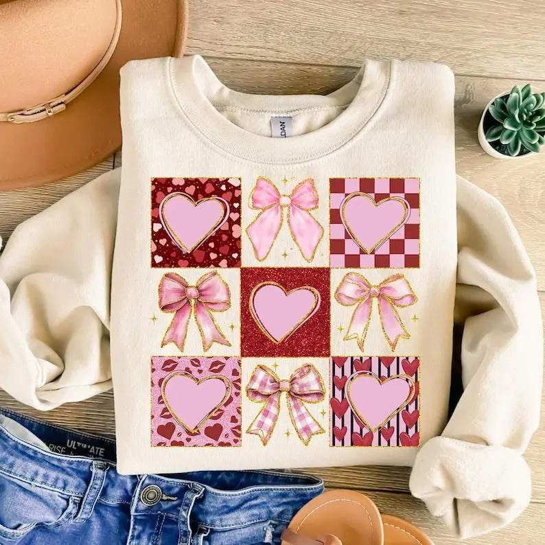 Retro Checkered Valentines Day Sweatshirt Valentine Coquette Hearts , Pink Valentine , Valentine , XoXo , Be Mine