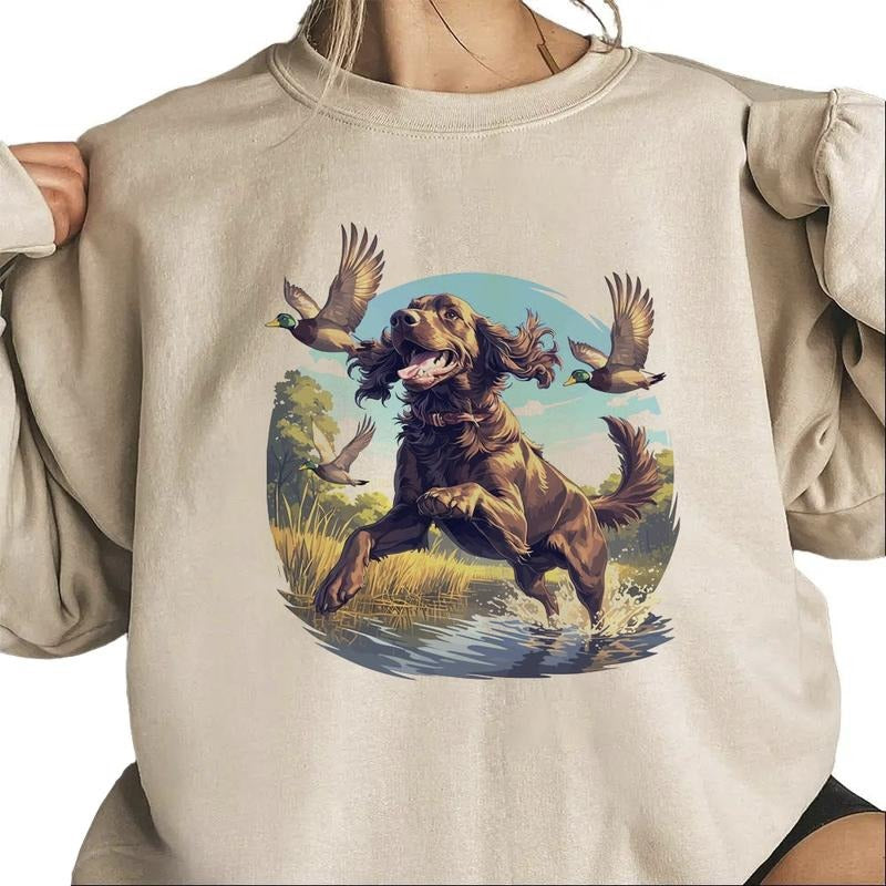 Retro Chocolate Lab Dog and Mallard Ducks Sweatshirt, Women Vintage Tee 90s Labrador Retriever Hunting Duck T-shirt Boho Unisex Dog Lover Gift