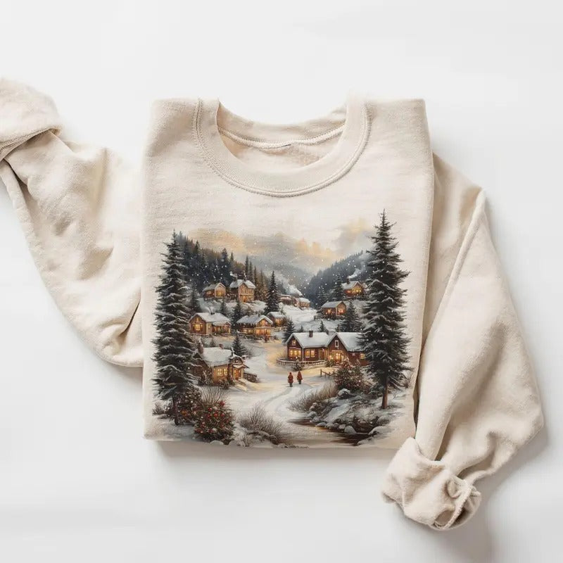 Retro Christmas Winter Village Sweatshirt - Nineties 90s Mountain Pine Trees Decorated Cabins Outfit - Boho Unisex Crewneck Sweatshirt