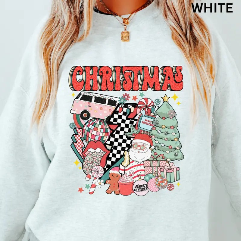 Retro Christmas doodles Crewneck, Christmas Sweatshirt, Winter Season Graphic, Casual Cotton Crewneck, Polyester,...
