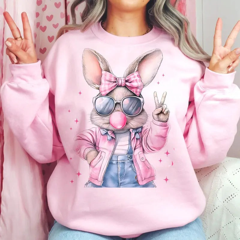 Retro Easter Bunny Blowing Bubble Sweatshirt, Vintage Happy Easter Shirt, Funny Easter Bunnie Sunglasses Easter Holiday Sweater, 2025 Easter Shirt, Easter Gift