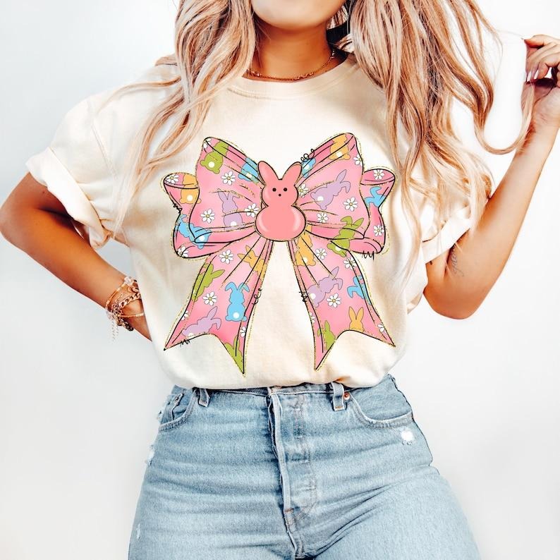 Retro Easter Bunny Coquette Bow, Happy Easter, Pink Easter Bow, Floral Spring, Girls Easter, Preppy Rabbit Tshirt