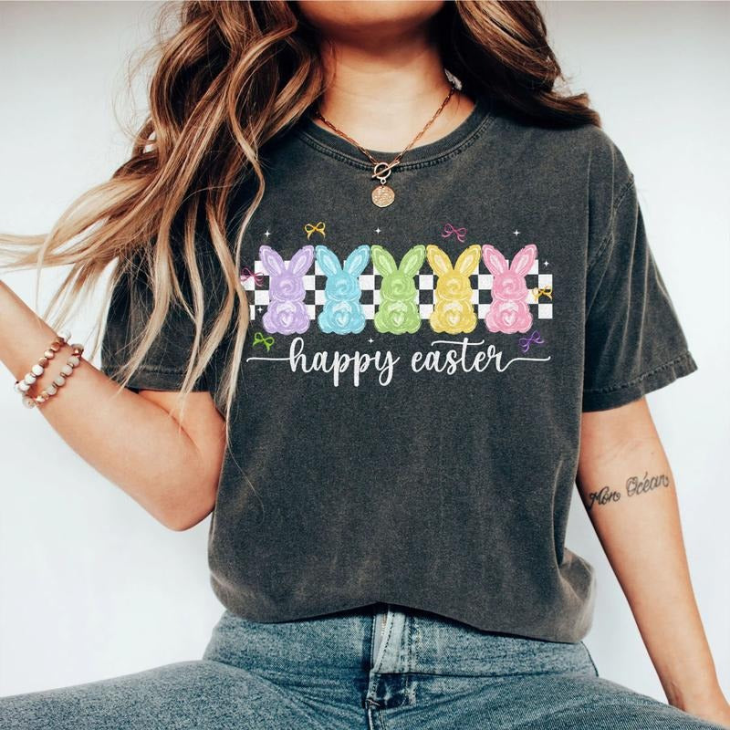 Retro Easter Bunny Shirt, Happy Easter Pastel Tee, Vintage Checkerboard Spring Shirt, Cute Easter Outfit for Women