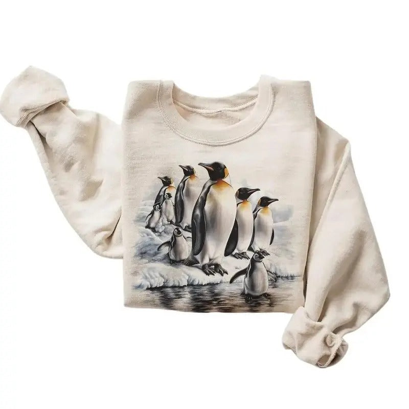 Retro Emperor Penguin Colony Sweatshirt - Nineties 90s Vintage Arctic Sea Ice Scene Outfit - Boho Unisex Cotton Menswear