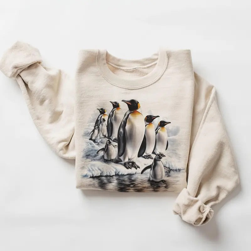 Retro Emperor Penguin Colony Sweatshirt - Nineties 90s Vintage Baby Penguins Arctic Sea Ice Scene Outfit - Boho Unisex Crewneck Sweatshirt