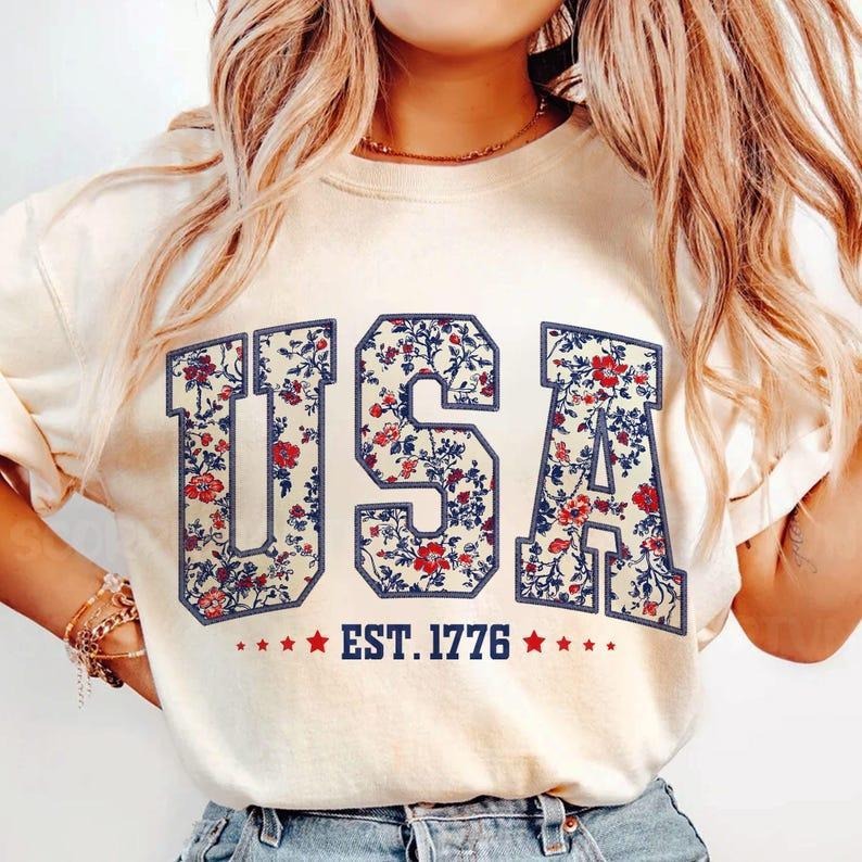 Retro Floral USA America 4th Of July Shirt, 4th Of July Tee, Retro USA,Freedom Shirt, American Flag Patriotic Tee, Unisex Fit, Classic Design Top