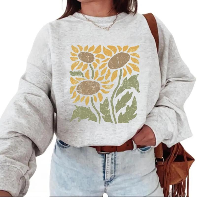 Retro Flower Sweatshirt, Sunflower T-shirt Vintage Floral Hoodie, Boho Sunflower Gift for Mom, Gardening Gifts Cotton Womenswear