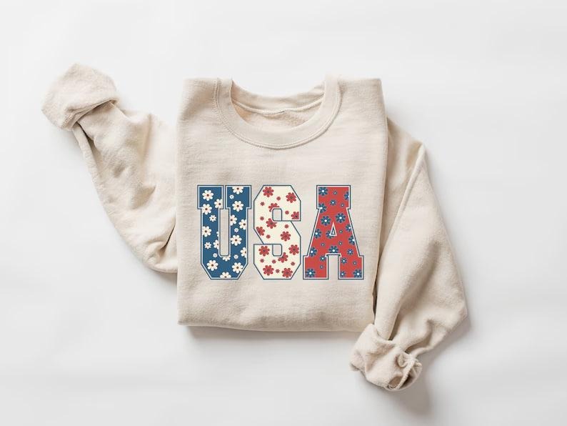 Retro Flower USA Graphic Tee, 4th of July Graphic Tee, Floral American Graphic Tee, Retro USA Shirt, Independence Day...
