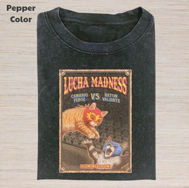 Retro Funny Vintage Graphic Tee, Cat Lucha Madness T-Shirt, Unisex Meme Cringe Funny Dumb Shirt, Menswear Womenswear Streetwear