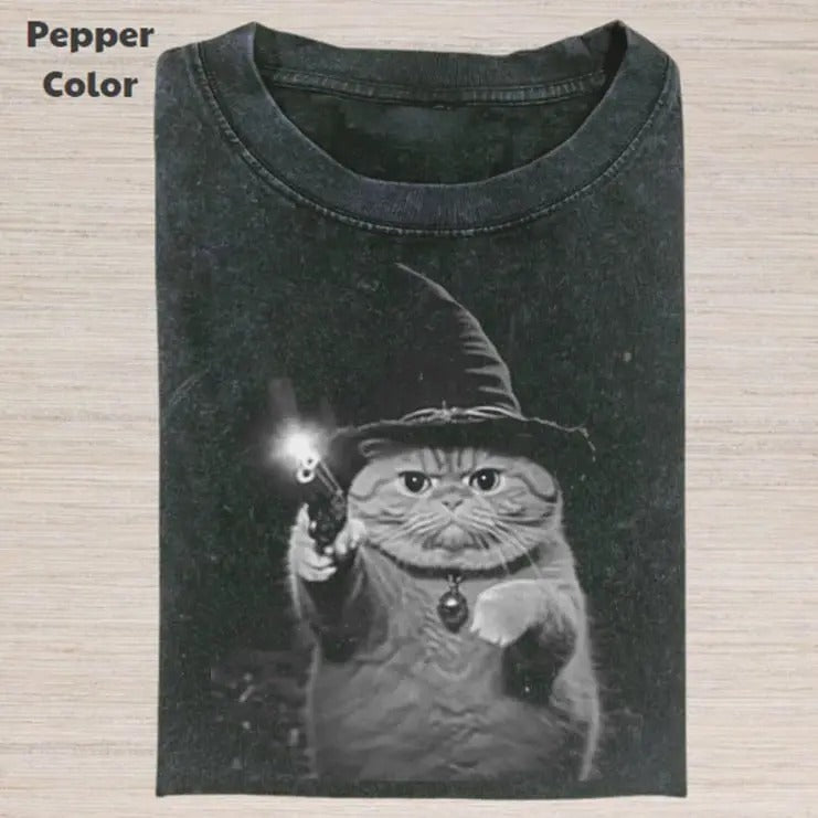 Retro Funny Vintage Graphic Tee, Wizard Cat Gun T-Shirt, Unisex Meme Cringe Funny Dumb Shirt, Gift For Men Women, Menswear Womenswear Streetwear