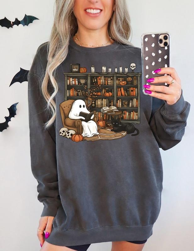 Retro Ghost Book Sweatshirt, Bookish Halloween Shirt, Vintage Book Lover Sweatshirt, Ghost Reading Book Shirt, Black Cat Ghost Book Sweatshirt, Book Lover Halloween Gift