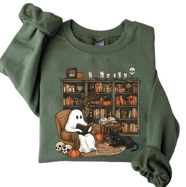 Retro Ghost Reading Books Shirt, Librarian Ghost Halloween Sweater, Halloween Teacher Sweatshirt, Ghost Halloween Shirt, Ghost Shirt, Teacher Halloween Gift Shirt, Spooky Season Shirt, Unisex For Men And Women