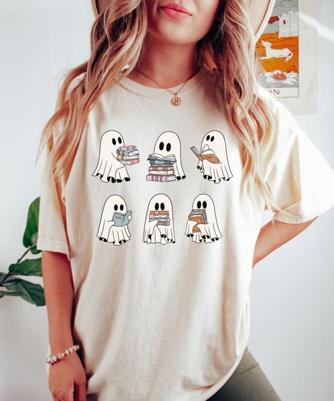 Retro Ghosts Reading Books Shirt, Halloween Ghosts Shirt, Teacher Librarian Halloween Gift, Spooky Season Trendy Shirt, Gift Halloween Book Lover